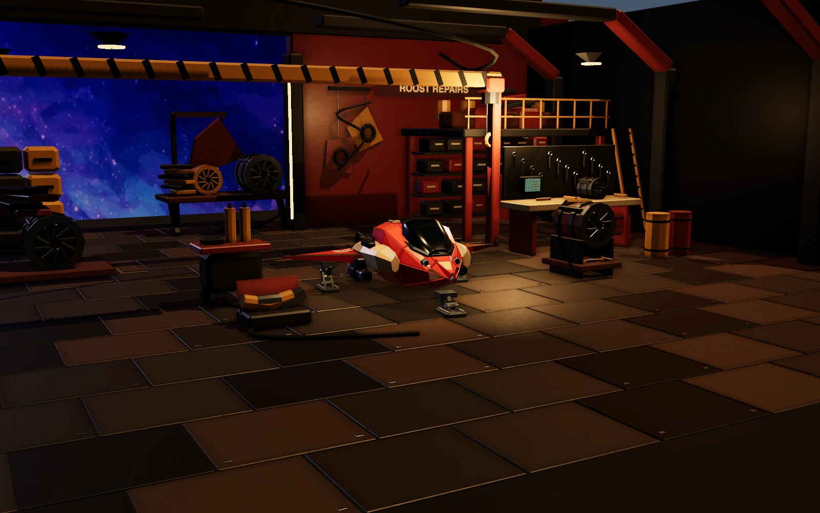 A Starlings spaceship in the Roost repair workshop